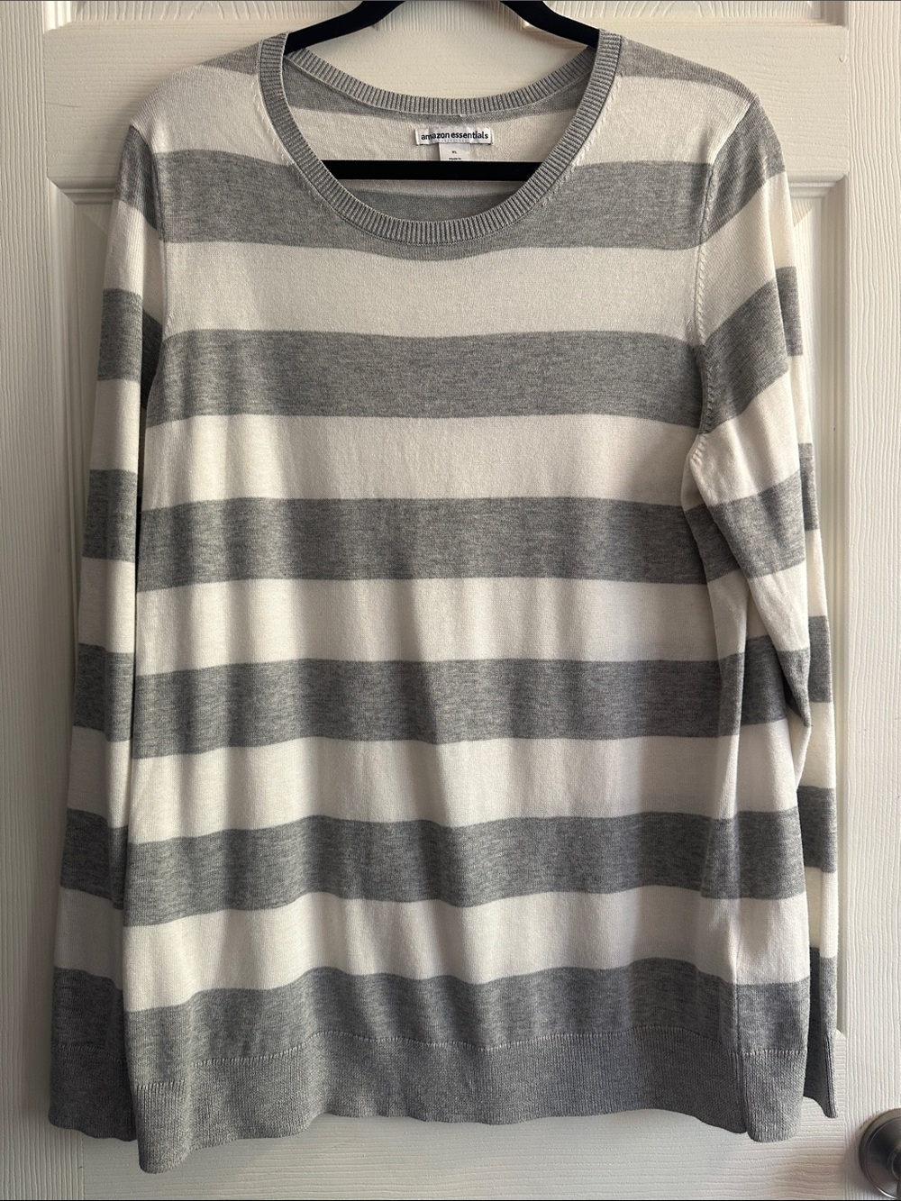 Amazon Essentials Women's Gray and White Striped Crewneck Sweater